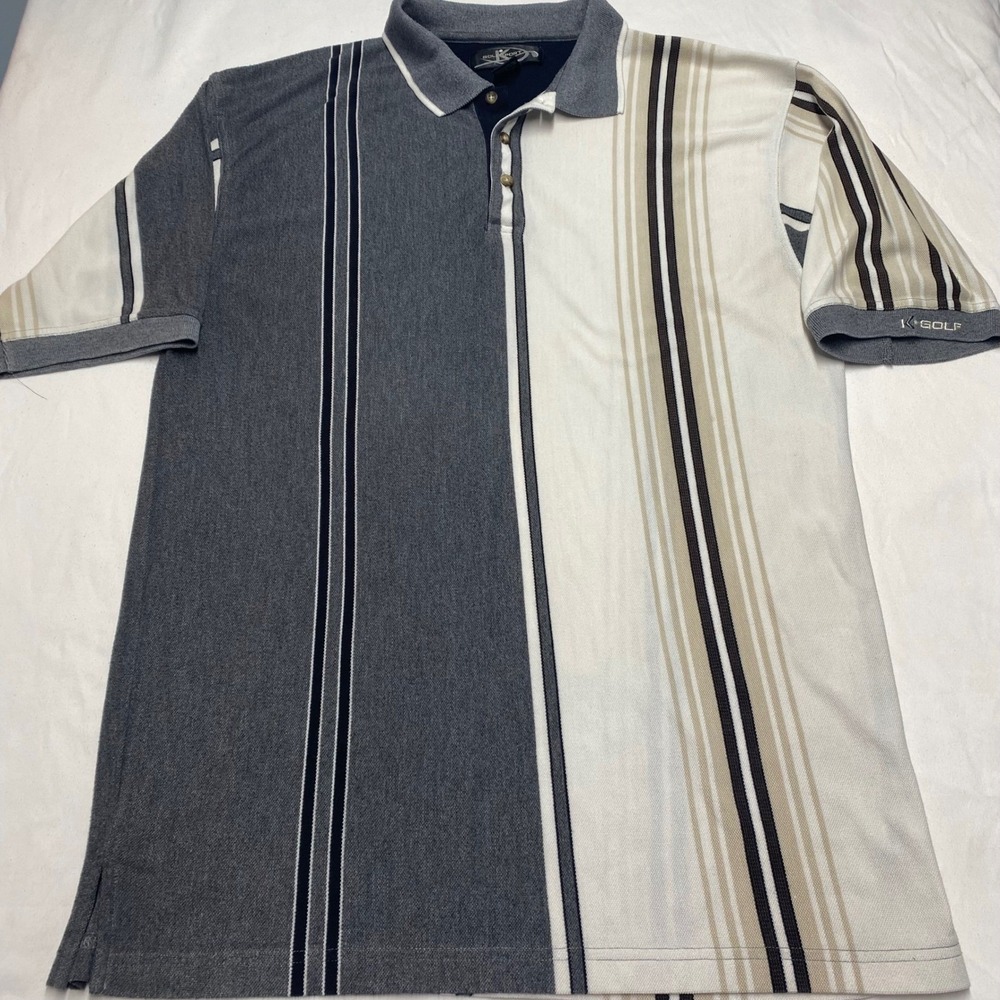 Golfsport Mens XL Polo Shirt Grey Cream Tan Striped Colorblock Short Sleeve 0490